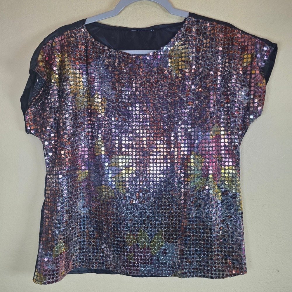 Multicolor Sequin Mosaic Blouse Black Sheer Cap Sleeve Party‎ Top Relaxed Fit